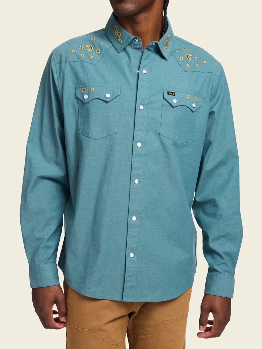 Howler Bros Crosscut Deluxe Snapshirt Green Long Sleeve Embroidered Pearl-Large